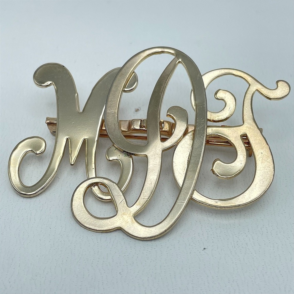 Vintage 80s Monogram MGS Script Large Charm Brooch Pin‎ Gold Tone Jewelry